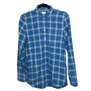 J Crew Factory Blue Plaid Boy Fit Partial Button Up Popover Long Sleeve Shirt